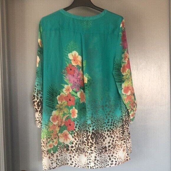Soft Surroundings Tropical Flowers Teal Top Women's Cheetah Chiffon Sz XL Fairy - Picture 2 of 5